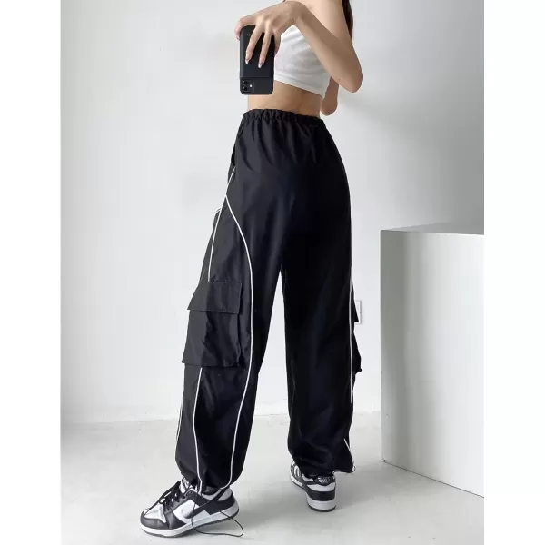 imagechouyatou Womens Parachute Pants Baggy Cargo Pants Streetwear Y2K Wide Leg Track PantsBlack