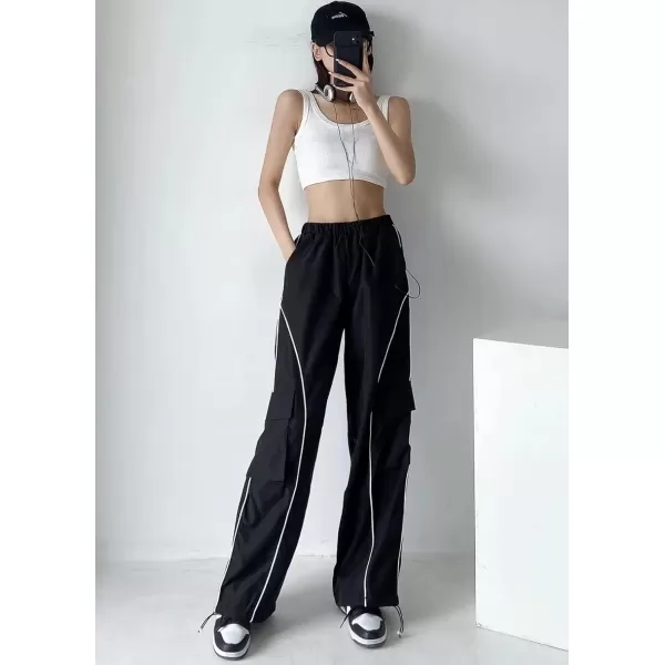 imagechouyatou Womens Parachute Pants Baggy Cargo Pants Streetwear Y2K Wide Leg Track PantsBlack