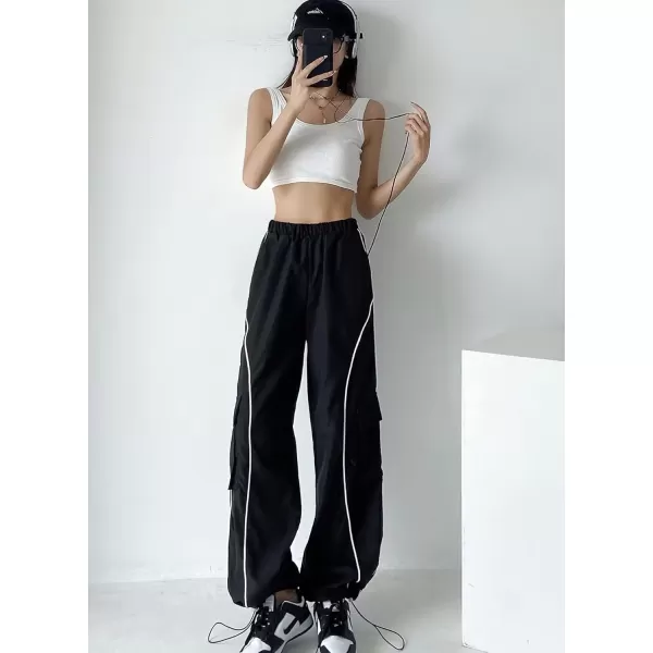 imagechouyatou Womens Parachute Pants Baggy Cargo Pants Streetwear Y2K Wide Leg Track PantsBlack