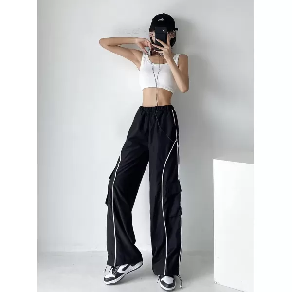 imagechouyatou Womens Parachute Pants Baggy Cargo Pants Streetwear Y2K Wide Leg Track PantsBlack