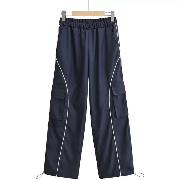 imagechouyatou Womens Parachute Pants Baggy Cargo Pants Streetwear Y2K Wide Leg Track PantsNavy Blue