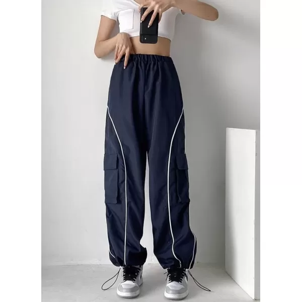 imagechouyatou Womens Parachute Pants Baggy Cargo Pants Streetwear Y2K Wide Leg Track PantsNavy Blue