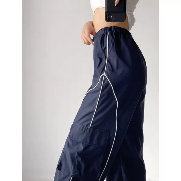 imagechouyatou Womens Parachute Pants Baggy Cargo Pants Streetwear Y2K Wide Leg Track PantsNavy Blue