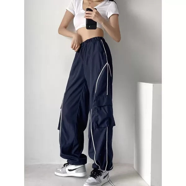 imagechouyatou Womens Parachute Pants Baggy Cargo Pants Streetwear Y2K Wide Leg Track PantsNavy Blue