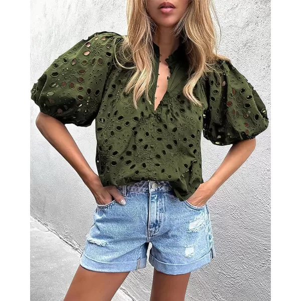imagechouyatou Womens Puff Sleeve VNeck Eyelet Lace Summer Tops Blouses Crochet Short Sleeve Cotton TShirtsArmy Green