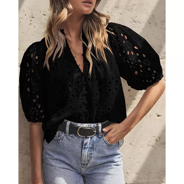 imagechouyatou Womens Puff Sleeve VNeck Eyelet Lace Summer Tops Blouses Crochet Short Sleeve Cotton TShirtsBlack