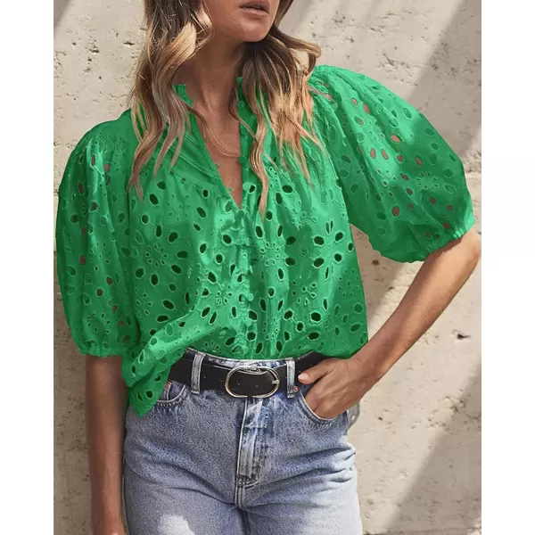 imagechouyatou Womens Puff Sleeve VNeck Eyelet Lace Summer Tops Blouses Crochet Short Sleeve Cotton TShirtsGreen