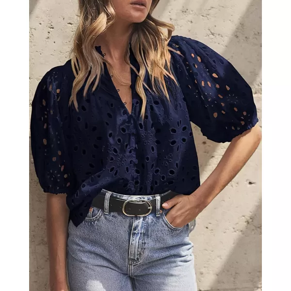 imagechouyatou Womens Puff Sleeve VNeck Eyelet Lace Summer Tops Blouses Crochet Short Sleeve Cotton TShirtsNavy Blue