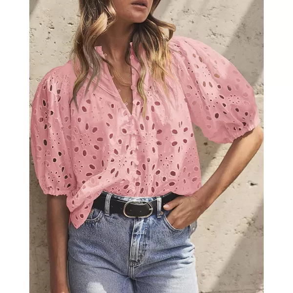imagechouyatou Womens Puff Sleeve VNeck Eyelet Lace Summer Tops Blouses Crochet Short Sleeve Cotton TShirtsPink