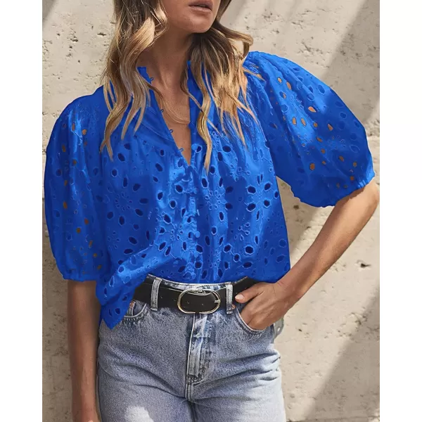 imagechouyatou Womens Puff Sleeve VNeck Eyelet Lace Summer Tops Blouses Crochet Short Sleeve Cotton TShirtsRoyal Blue