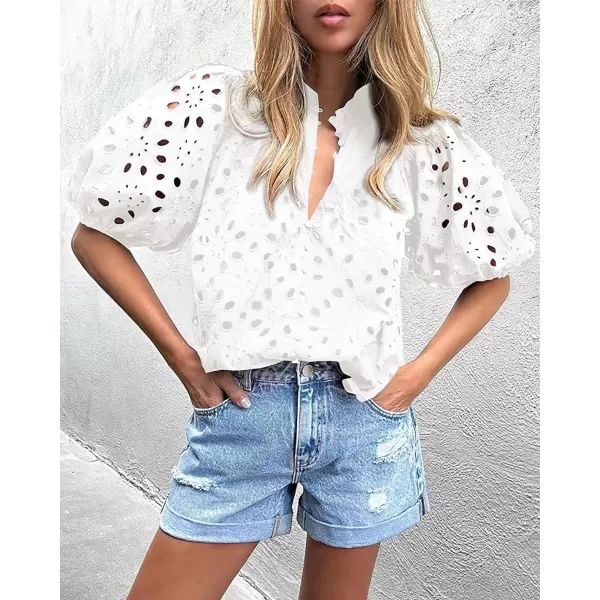 imagechouyatou Womens Puff Sleeve VNeck Eyelet Lace Summer Tops Blouses Crochet Short Sleeve Cotton TShirtsWhite
