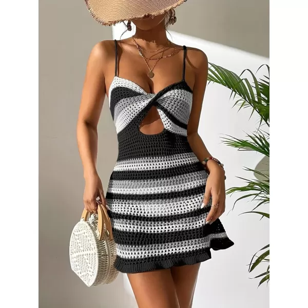 imagechouyatou Womens Sexy Spaghetti Strap Colorful Striped Crochet Dress Lace Up Cutout Beach Party Mini DressBlack