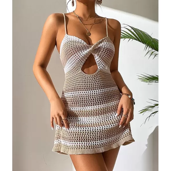 imagechouyatou Womens Sexy Spaghetti Strap Colorful Striped Crochet Dress Lace Up Cutout Beach Party Mini DressKhaki