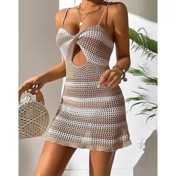 imagechouyatou Womens Sexy Spaghetti Strap Colorful Striped Crochet Dress Lace Up Cutout Beach Party Mini DressKhaki