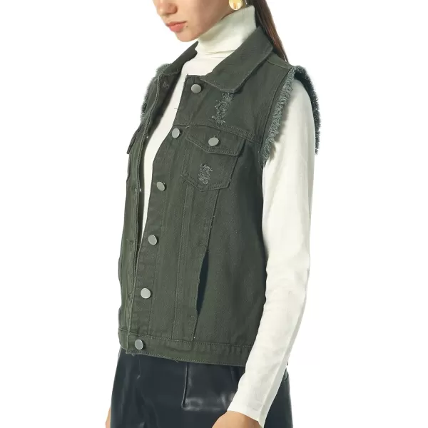 imagechouyatou Womens Stretchy VNeck Button Up Unlined Ripped Denim Waistcoat VestBarmy Green