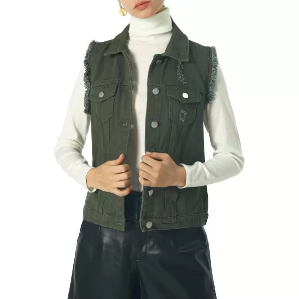 imagechouyatou Womens Stretchy VNeck Button Up Unlined Ripped Denim Waistcoat VestBarmy Green