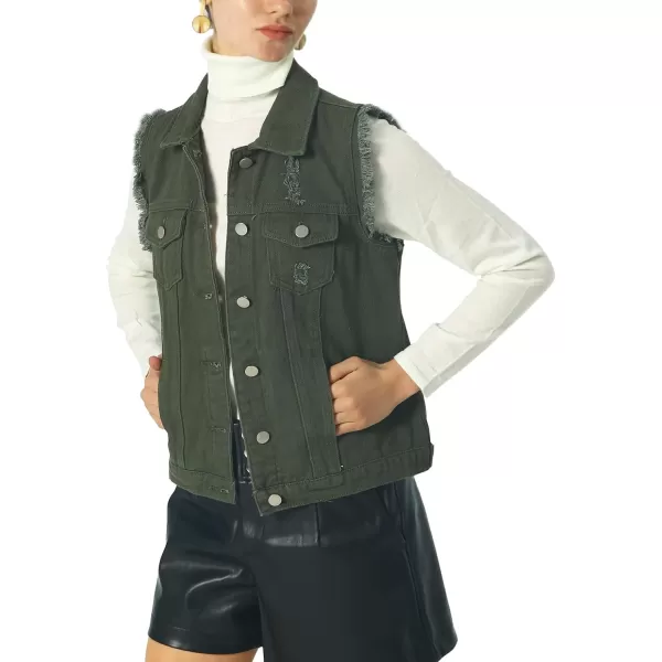 imagechouyatou Womens Stretchy VNeck Button Up Unlined Ripped Denim Waistcoat VestBarmy Green