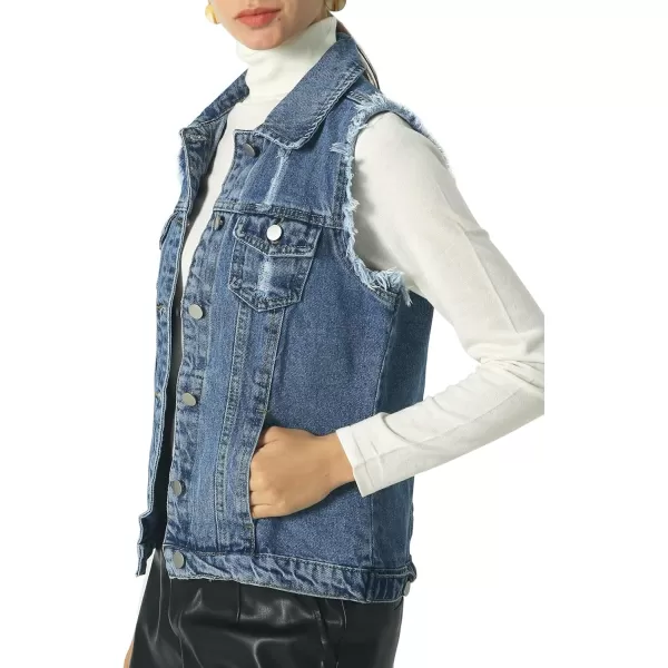 imagechouyatou Womens Stretchy VNeck Button Up Unlined Ripped Denim Waistcoat VestBblue