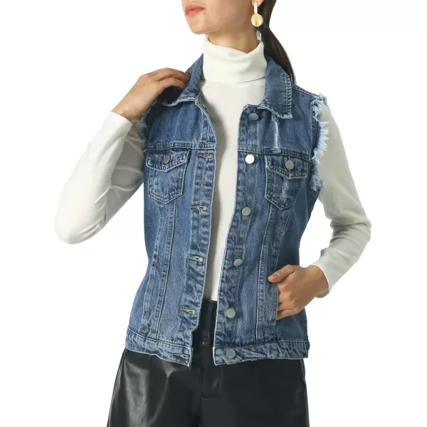 imagechouyatou Womens Stretchy VNeck Button Up Unlined Ripped Denim Waistcoat VestBblue