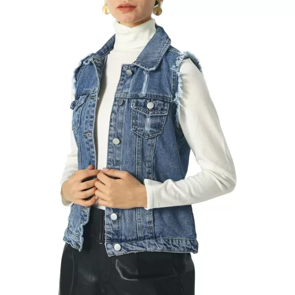 imagechouyatou Womens Stretchy VNeck Button Up Unlined Ripped Denim Waistcoat VestBblue