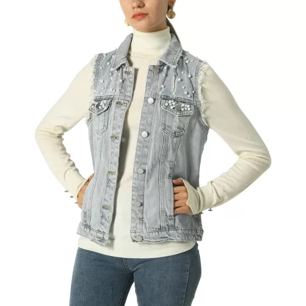 imagechouyatou Womens Stretchy VNeck Button Up Unlined Ripped Denim Waistcoat VestBlight Blue