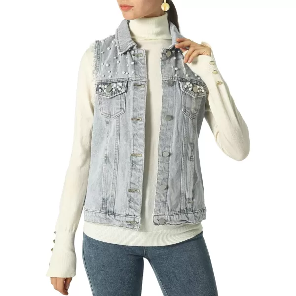 imagechouyatou Womens Stretchy VNeck Button Up Unlined Ripped Denim Waistcoat VestBlight Blue