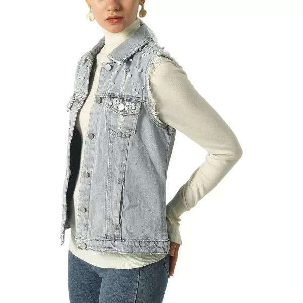 imagechouyatou Womens Stretchy VNeck Button Up Unlined Ripped Denim Waistcoat VestBlight Blue
