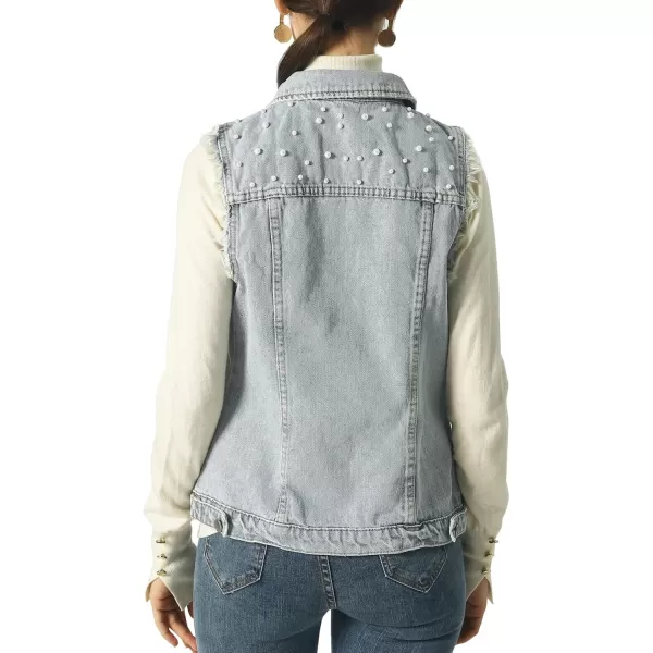 imagechouyatou Womens Stretchy VNeck Button Up Unlined Ripped Denim Waistcoat VestBlight Blue