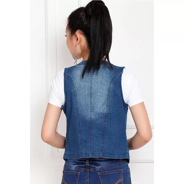 imagechouyatou Womens Stretchy VNeck Button Up Unlined Ripped Denim Waistcoat VestBlue