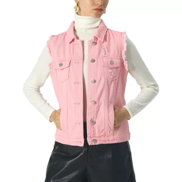 imagechouyatou Womens Stretchy VNeck Button Up Unlined Ripped Denim Waistcoat VestBpink