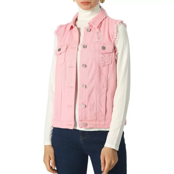 imagechouyatou Womens Stretchy VNeck Button Up Unlined Ripped Denim Waistcoat VestBpink