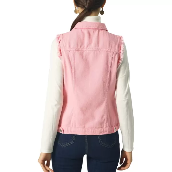imagechouyatou Womens Stretchy VNeck Button Up Unlined Ripped Denim Waistcoat VestBpink