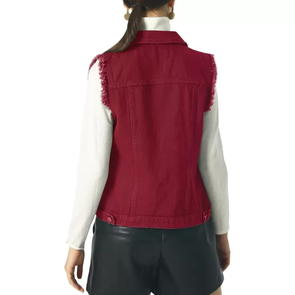 imagechouyatou Womens Stretchy VNeck Button Up Unlined Ripped Denim Waistcoat VestBwine Red