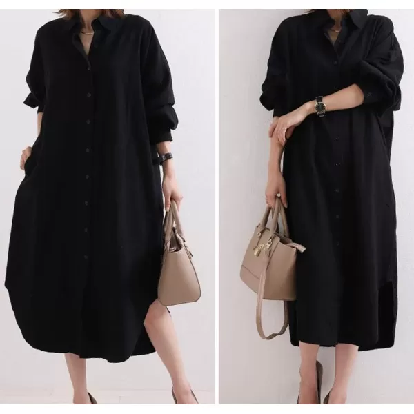 imagechouyatou Womens Summer Bathing Suit Cover Up Loose Lightweight Linen Button Down Maxi Shirt DressBlack