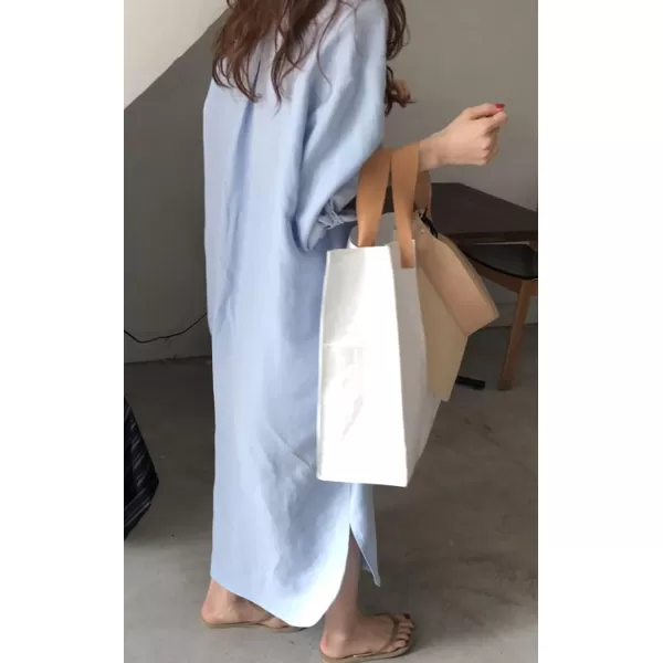 imagechouyatou Womens Summer Bathing Suit Cover Up Loose Lightweight Linen Button Down Maxi Shirt DressLight Blue