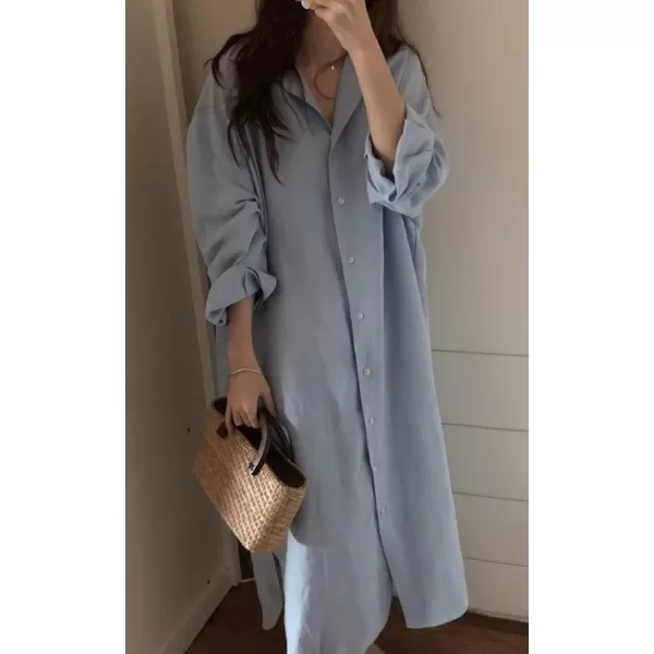 imagechouyatou Womens Summer Bathing Suit Cover Up Loose Lightweight Linen Button Down Maxi Shirt DressLight Blue
