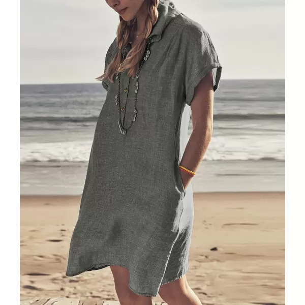 imagechouyatou Womens Summer Polo Neck Casual Linen Shirt Dress Midi Tunic Beach Dress Cover UpsGrey