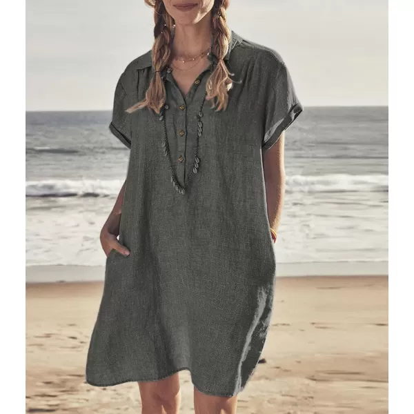 imagechouyatou Womens Summer Polo Neck Casual Linen Shirt Dress Midi Tunic Beach Dress Cover UpsGrey