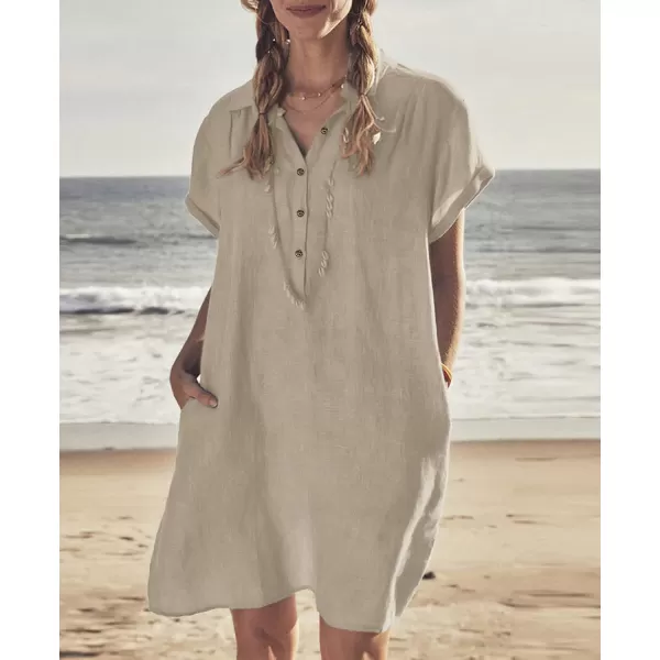 imagechouyatou Womens Summer Polo Neck Casual Linen Shirt Dress Midi Tunic Beach Dress Cover UpsKhaki