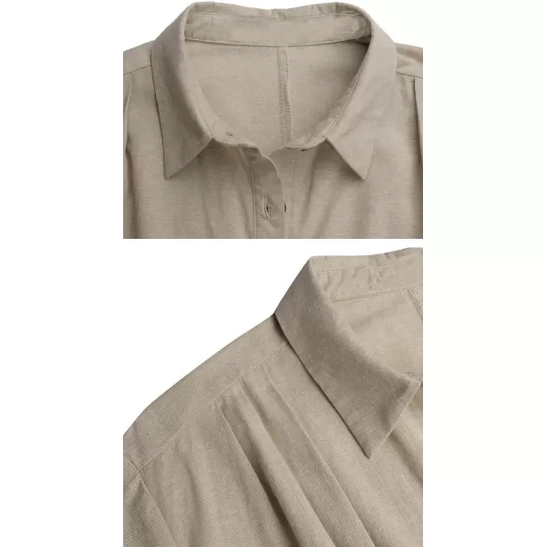 imagechouyatou Womens Summer Polo Neck Casual Linen Shirt Dress Midi Tunic Beach Dress Cover UpsKhaki