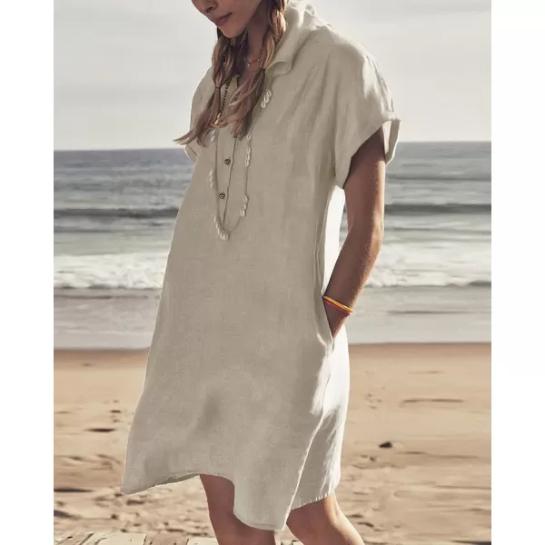 imagechouyatou Womens Summer Polo Neck Casual Linen Shirt Dress Midi Tunic Beach Dress Cover UpsKhaki