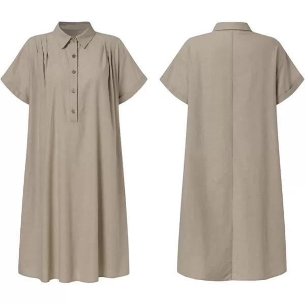 imagechouyatou Womens Summer Polo Neck Casual Linen Shirt Dress Midi Tunic Beach Dress Cover UpsKhaki