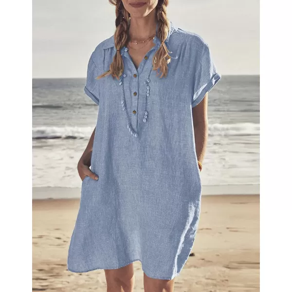 imagechouyatou Womens Summer Polo Neck Casual Linen Shirt Dress Midi Tunic Beach Dress Cover UpsLight Blue