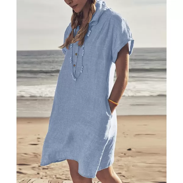 imagechouyatou Womens Summer Polo Neck Casual Linen Shirt Dress Midi Tunic Beach Dress Cover UpsLight Blue