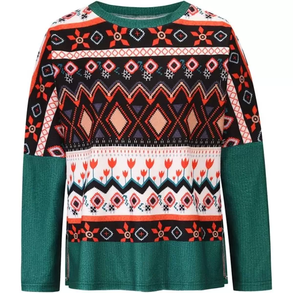 imagechouyatou Womens Winter Crewneck Vintage Oversized Reindeer Pattern Pullover Shirts TopsGreen