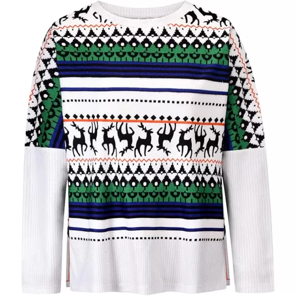 imagechouyatou Womens Winter Crewneck Vintage Oversized Reindeer Pattern Pullover Shirts TopsWhite