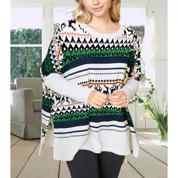 imagechouyatou Womens Winter Crewneck Vintage Oversized Reindeer Pattern Pullover Shirts TopsWhite