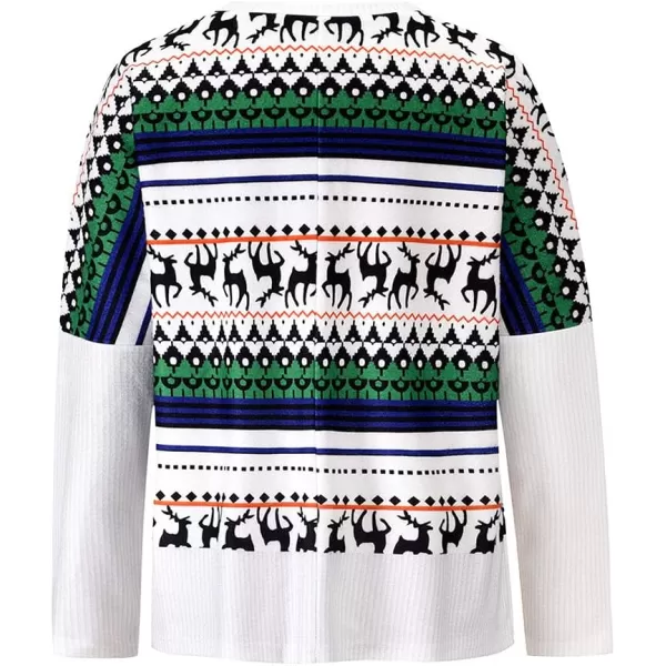 imagechouyatou Womens Winter Crewneck Vintage Oversized Reindeer Pattern Pullover Shirts TopsWhite