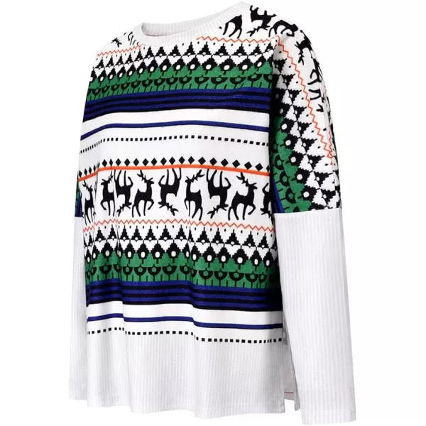 imagechouyatou Womens Winter Crewneck Vintage Oversized Reindeer Pattern Pullover Shirts TopsWhite