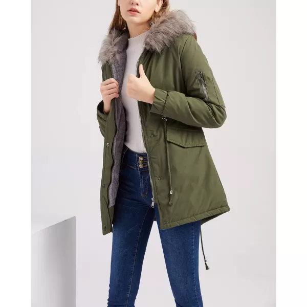 imagechouyatou Womens Winter Sherpa Lined Faux Fur Hooded Mid Long Safari Parka CoatArmy Green